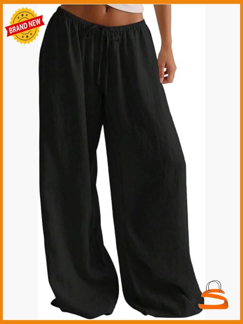 Linen Palazzo Pants Low Waist Casual Wide Leg Long Trousers with Pockets